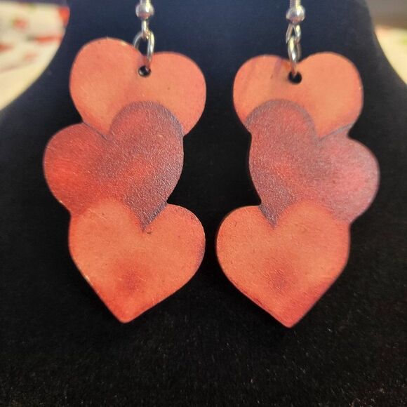 Vintage Distressed Heart Double-Sided Wooden Dangle Earrings - Picture 2 of 4